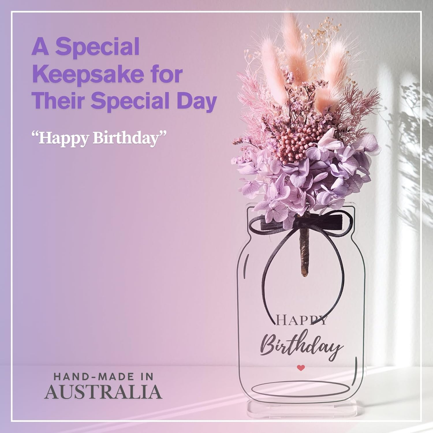 Acrylic Flower Holder Plaque with Real Dried Flowers &ndash; Handmade Gift Keepsake, Freestanding Mason Jar Design (Happy Birthday) image number 3