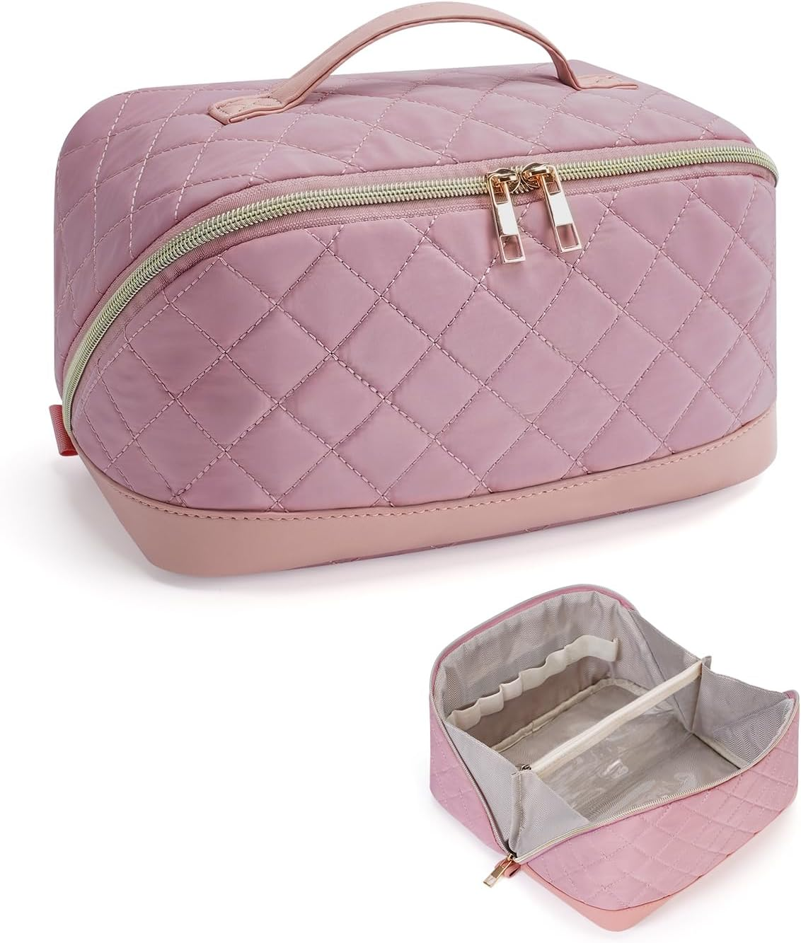 Women'S Large Travel Cosmetic Bag - Portable Makeup Bag with Handle & Transparent Separator - Water-Repellent Toiletry Bag Made of Quilted Fabric for Everyday & Bathroom (Patent Pending), Beige