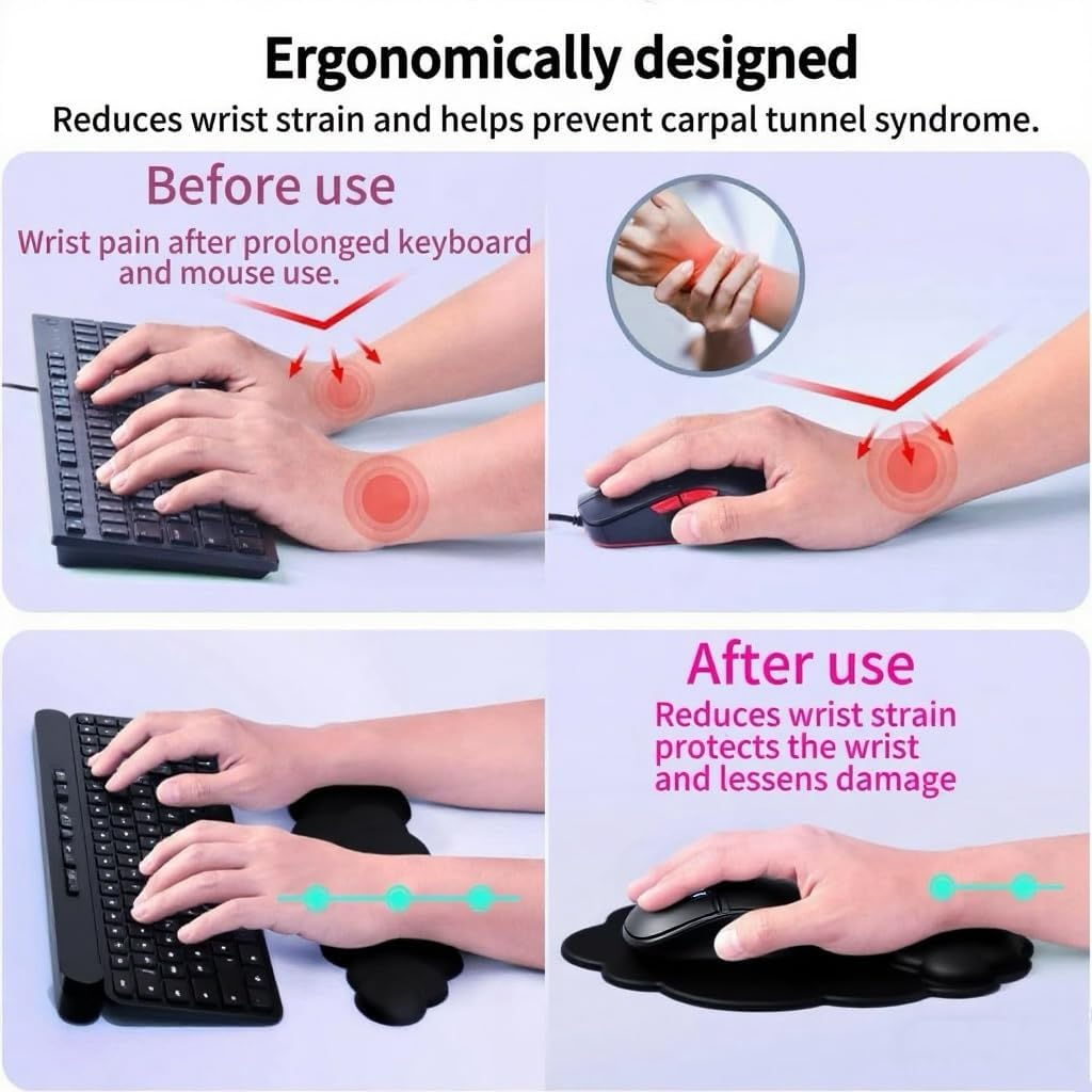 Levieny Cloud Keyboard Wrist Rest 3-Pc Set W/Mouse Pad & Cup Mat - 2025'S Evo Honeycomb Base - Ergo Non-Slip Purple Cushion for Pc/Gaming/Office（Black） - Black image number 2