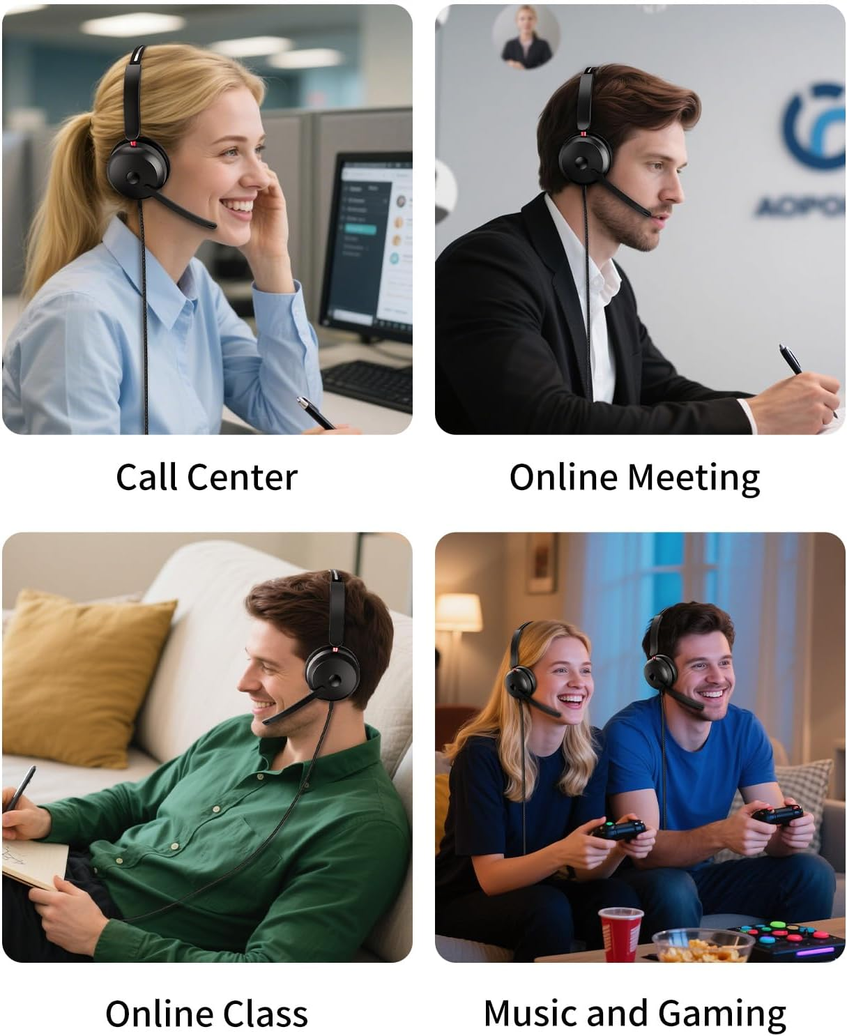 USB Headphones with Noise Cancelling Microphone, Wired On-Ear Office Headsets for Pc/Laptop, Line Control & Soft Earmuffs for Call Center, Video Conferencing, Remote Work, USB-C & USB-A & 3.5MM Aux image number 1