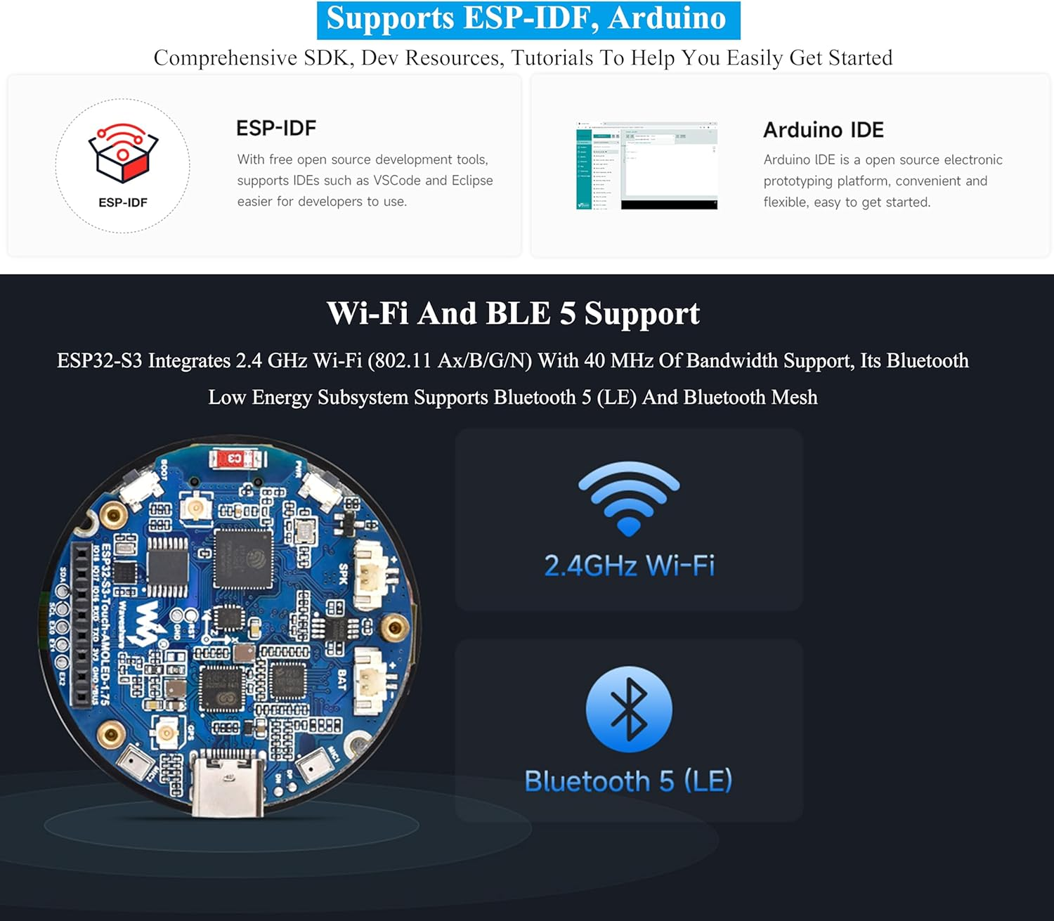 ESP32-S3 with 1.75Inch AMOLED round Touch Display Development Board, 466X466, QSPI Interface, Onboard Dual Digital Microphone Array, Support AI Speech Interaction, with 8&Omega; 2W Speaker and Case