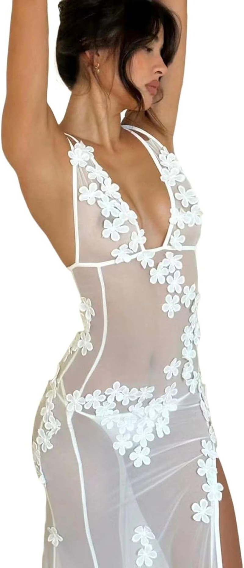 RARITYUS Women Sexy See through Lace Maxi Dress Floral Applique Maternity Bodycon Dress Vacation Beach Cover up Dresses image number 4