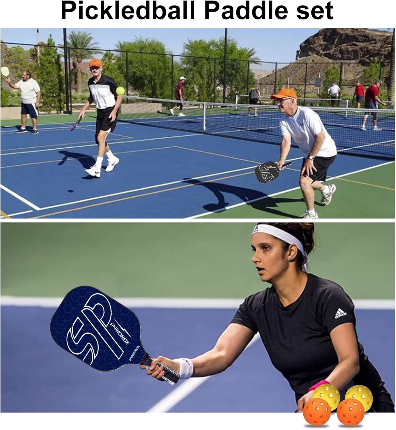 SPPHONEIX Carbon Pickleball Paddles Set Lightweight Pickleball Rackets Honeycomb Core Carbon Fiber Surface, Comfort Grip, 2 Pack Lightweight 4 Ball 2 Paddles 2 Grip Tape - Black image number 3