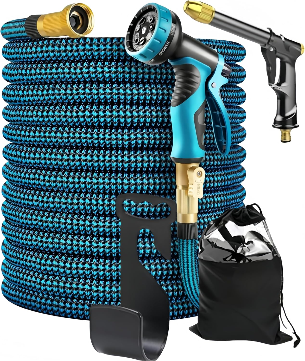 100Ft Expandable Garden Hose with 10-Pattern Nozzle & High-Pressure Black Spray Gun, 3/4" Brass Connector & Storage Bag, Retractable Water Hose High Pressure for Car Wash & Lawn Watering (Blue) image number 2