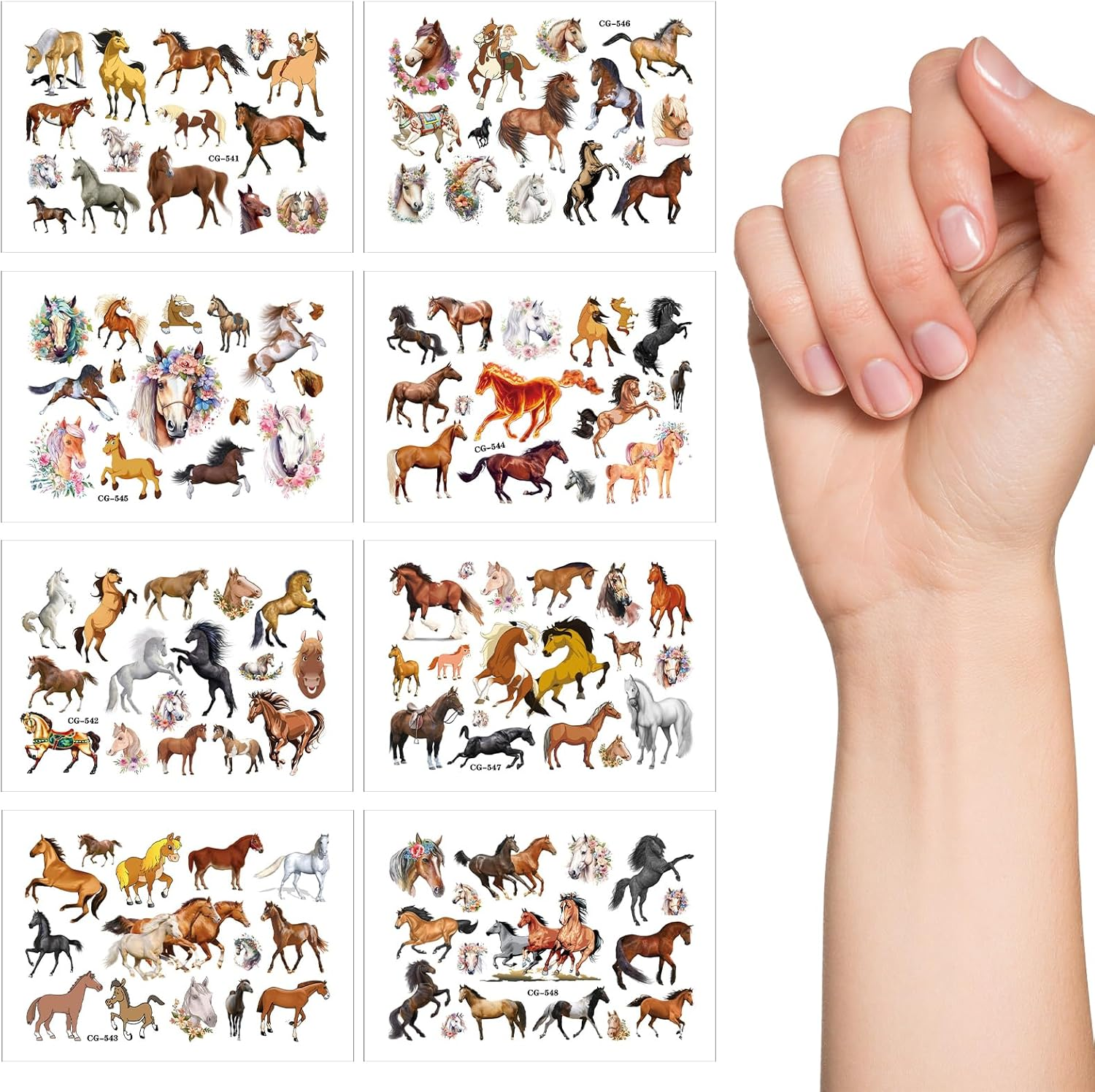 Horses Tattoos, 16 Sheets Carton Horse Temporary Tattoo Stickers for Kids, Birthday Themed Party Supplies Decoration Favors Children Tattoos Gift Kids Boys Girls Prizes Carnival Christmas Rewards image number 3