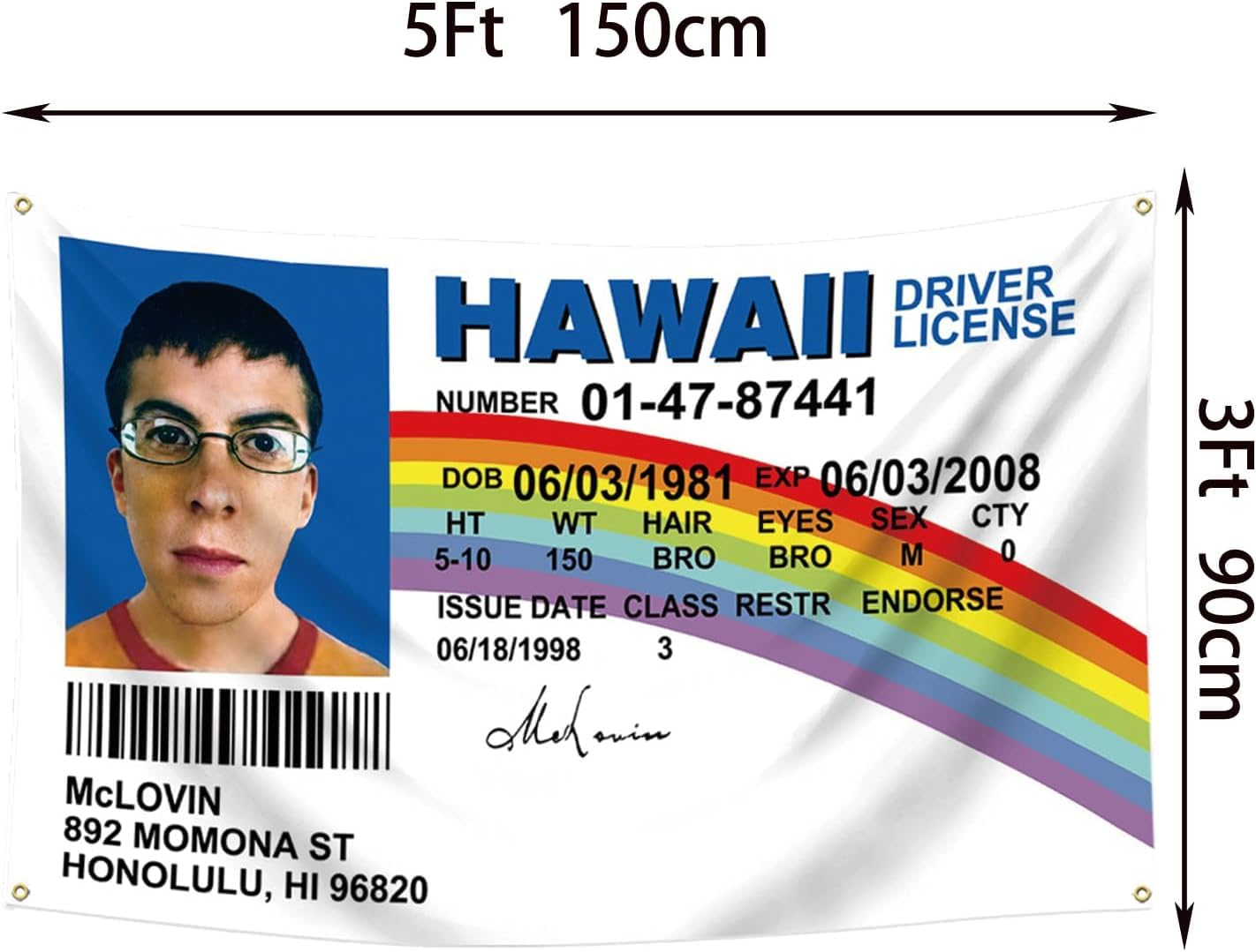 Mclovin ID Fake Driver License Indoor Flag 90 * 150 CM, Polyester Thickness, Fade Resistant, 4 Brass Grommets, Canvas Header, Vibrant Colors,Not Fear of Rain and Snow image number 4
