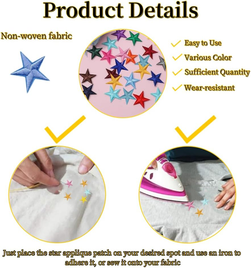 80Pcs Star Iron on Patches,Iron on Stars,Sew Embroidered Patches Appliques Embellishments Small,For DIY Jeans Jackets,Clothing,Bag,Iron on Patches for Hats DIY Craft Jacket Clothing Decoration image number 1