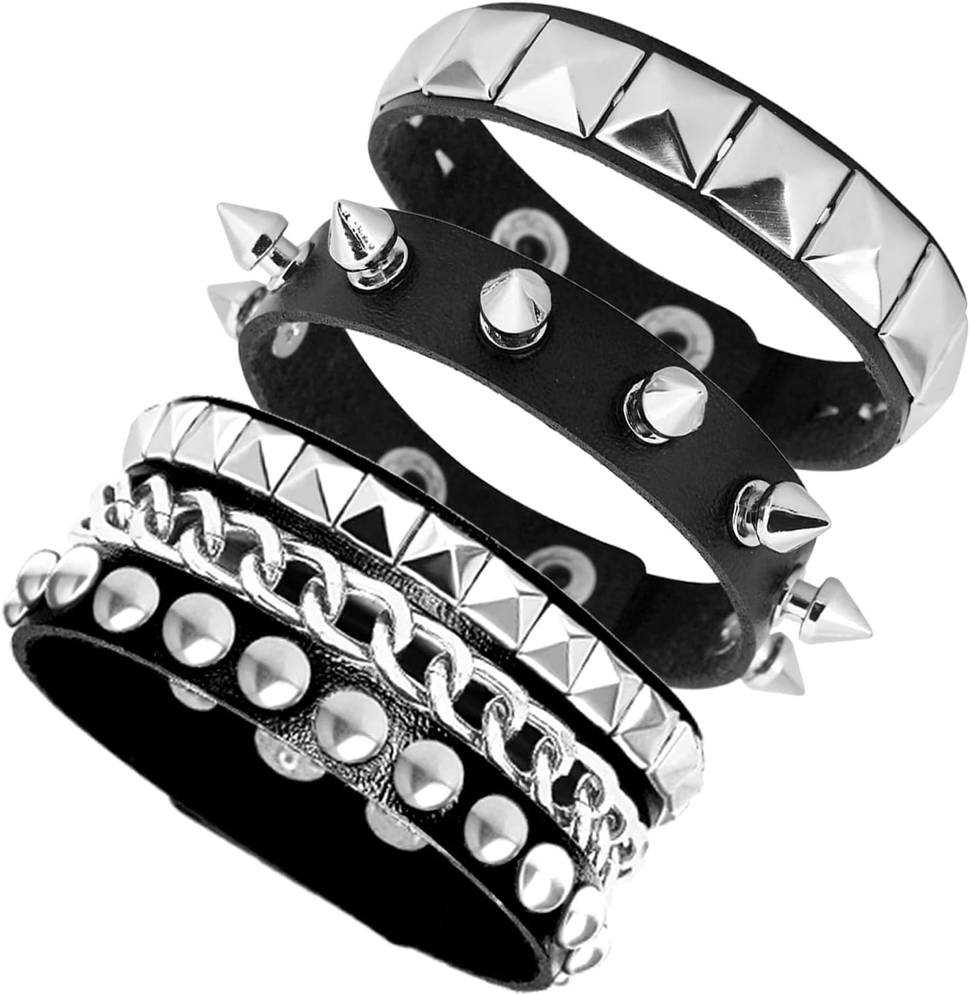 Tosmifairy 3 Pieces Punk Rock Leather Bracelets for Women Pop 80S 90S Emo Jewelry Accessories Retro Spiked Adjustable Wrap Wrist Cuffs image number 2
