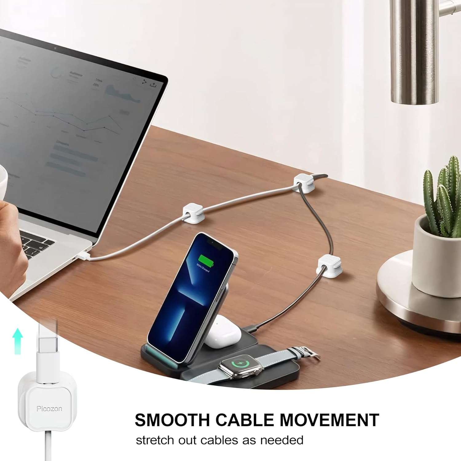 24 Pack Magnetic Cable Clip Organizer Cord Holder, Picozon Adhesive Cable Management, Wire Phone USB Charger Cable Holder, Keeper Organizer for Office Home Desktop Table - White