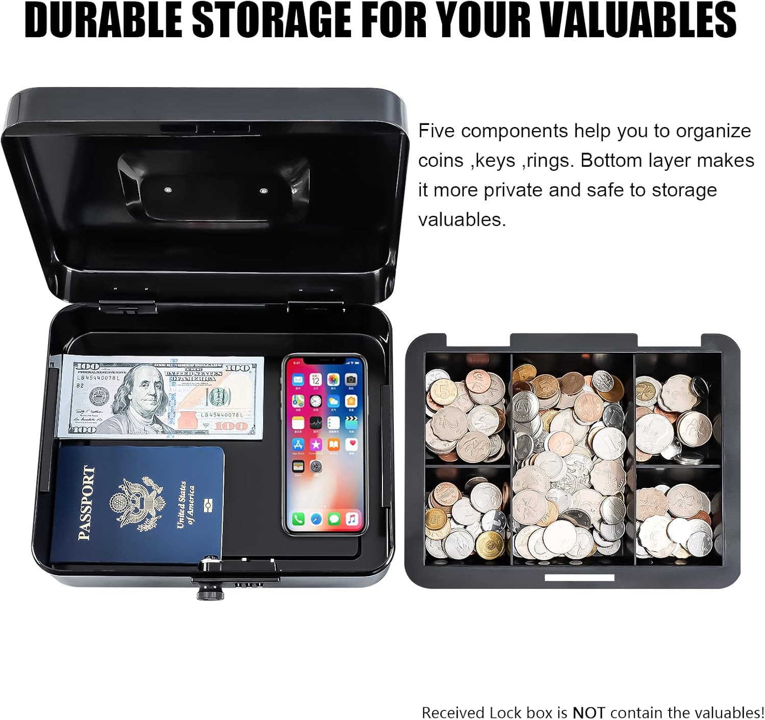 Cash Box with Combination Lock Safe Metal Money Box with Money Tray for Security Lock Box Black image number 6
