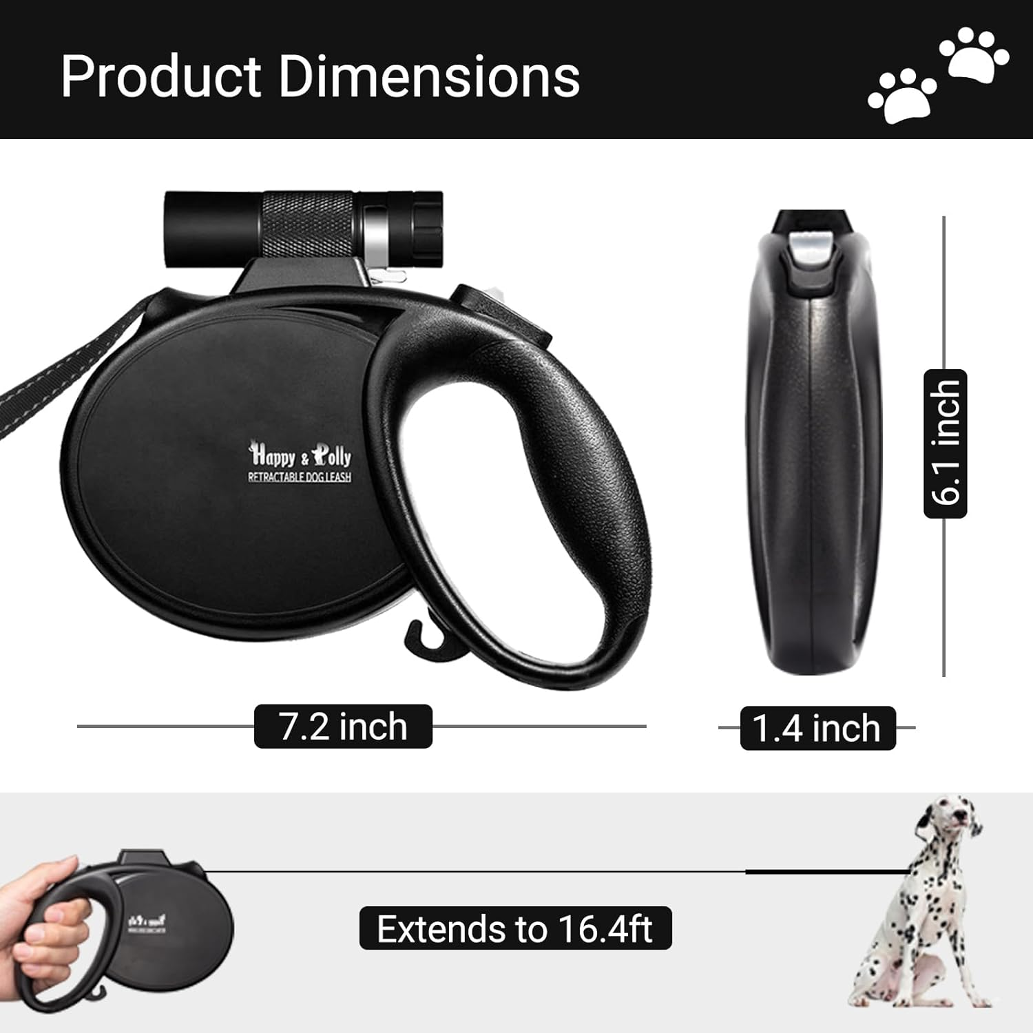 Happy & Polly 4 in 1 Dog Leash Retractable Dog Leash Heavy Duty 16.4 Ft Dog Walking Leash with Flashlight Detachable/Protective Bungee Leash/Magic Box for Small Medium Dogs - Black image number 6