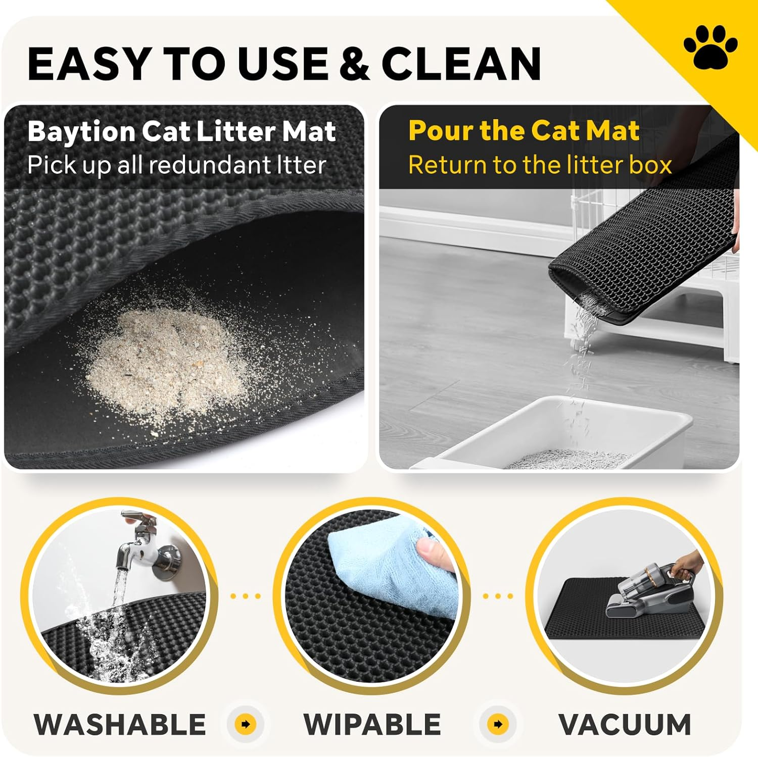 Baytion Cat Litter Mat, Litter Tray Mat 60 X 44 Cm for Cat Litter Box and Cat Toilet, Double Layer Trapping Mat, Big Honeycomb Holes, Waterproof Urine Proof, EVA Material BPA Free (Black） image number 1