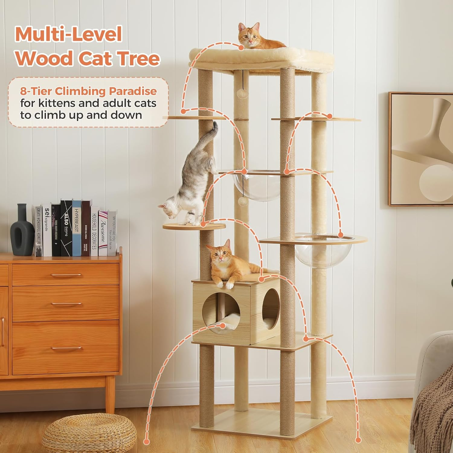 PAWZ Road Cat Tree, 180Cm Wood Large Cat Tower with 2 Acrylic Nests, 10 Sisal Covered Scratching Posts, Condo House and Spacious Top Perch for Large Cats