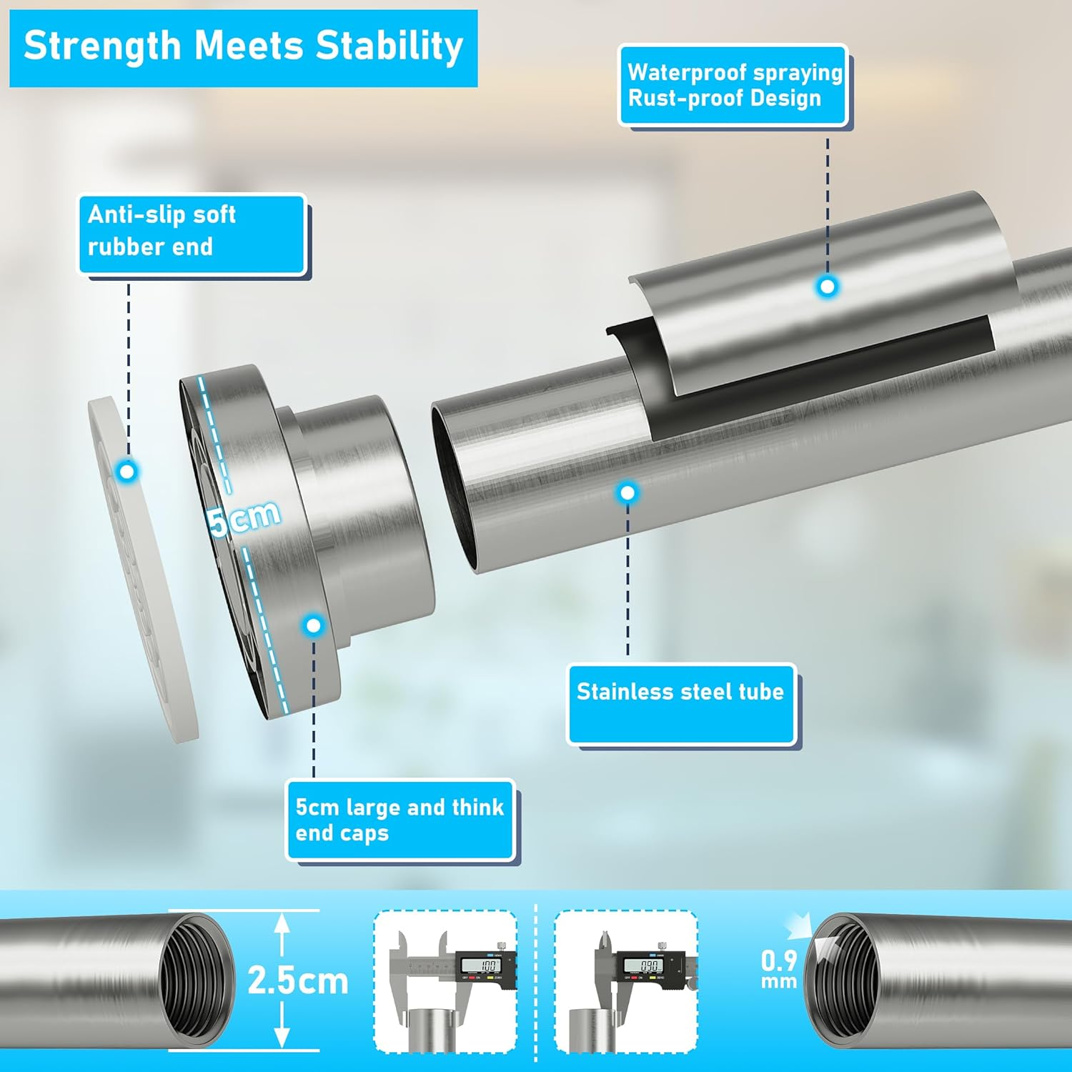 Shower Curtain Rod No Drill，80-155Cm Adjustable Curtain Rod，Stainless Steel Curtain Rod for Bathrooms, Wardrobe, Window，Non Slip, No Rust, No Drill,Brush Nickel image number 1