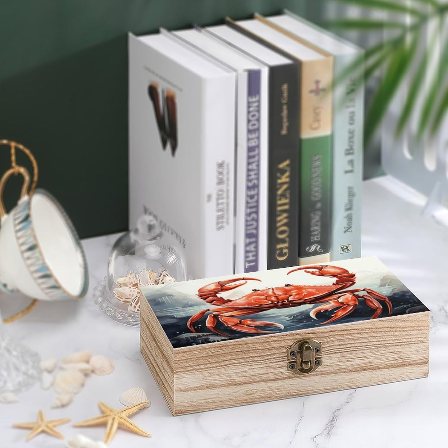 Red Crab Sea Wooden Box Wood Wedding Keepsake Boxes with Lids Small Decorative Boxes Lightweight Wooden Memory Storage Box for Crafts Keepsakes Jewelry Photo Letter Storage image number 6