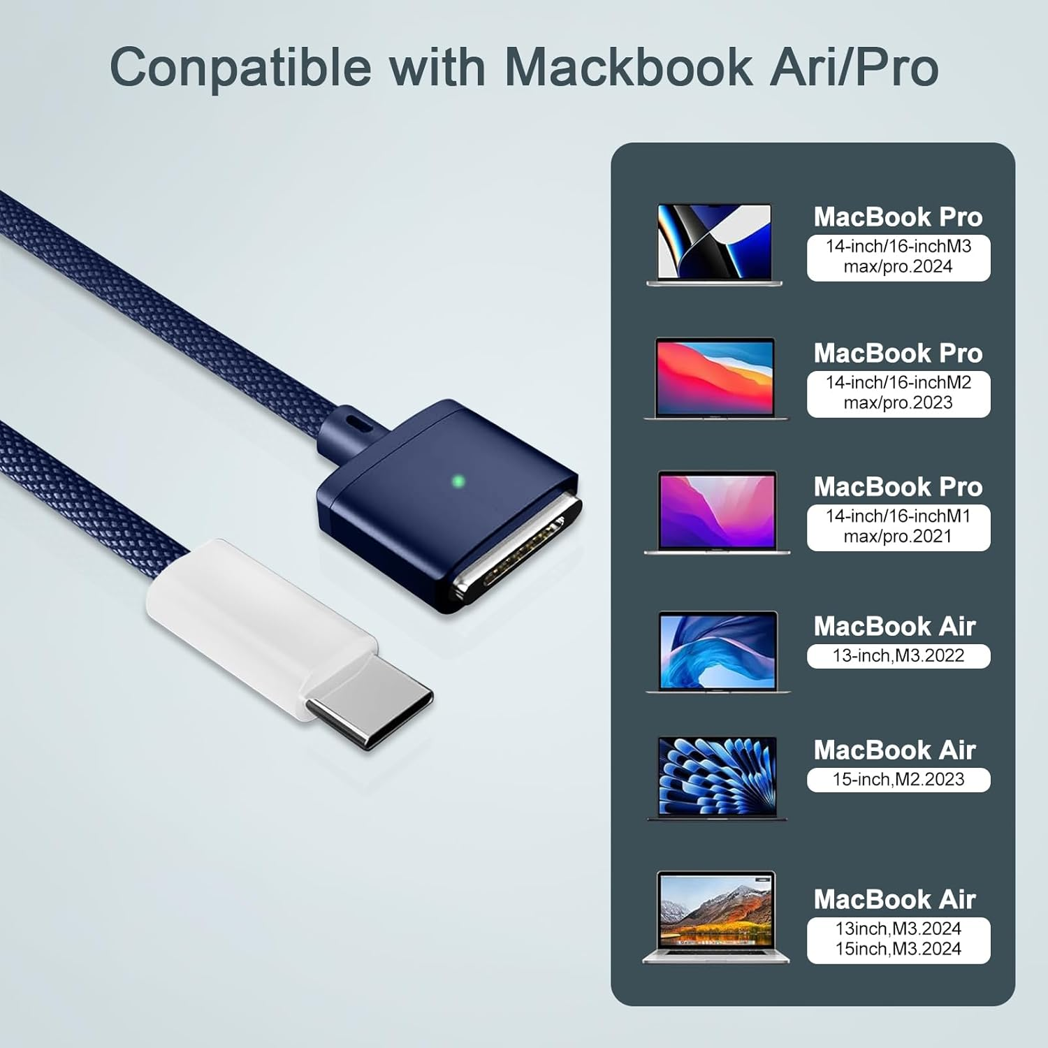 UOEPOWA 2M Data Cable Type-C to Magnetic 3 Cable, Compatible with 2021/2022/2023/2024 Macbook Laptops, 140W Safe Charging Cable, Durable Cables Compatible with Macbook (Blue) image number 2