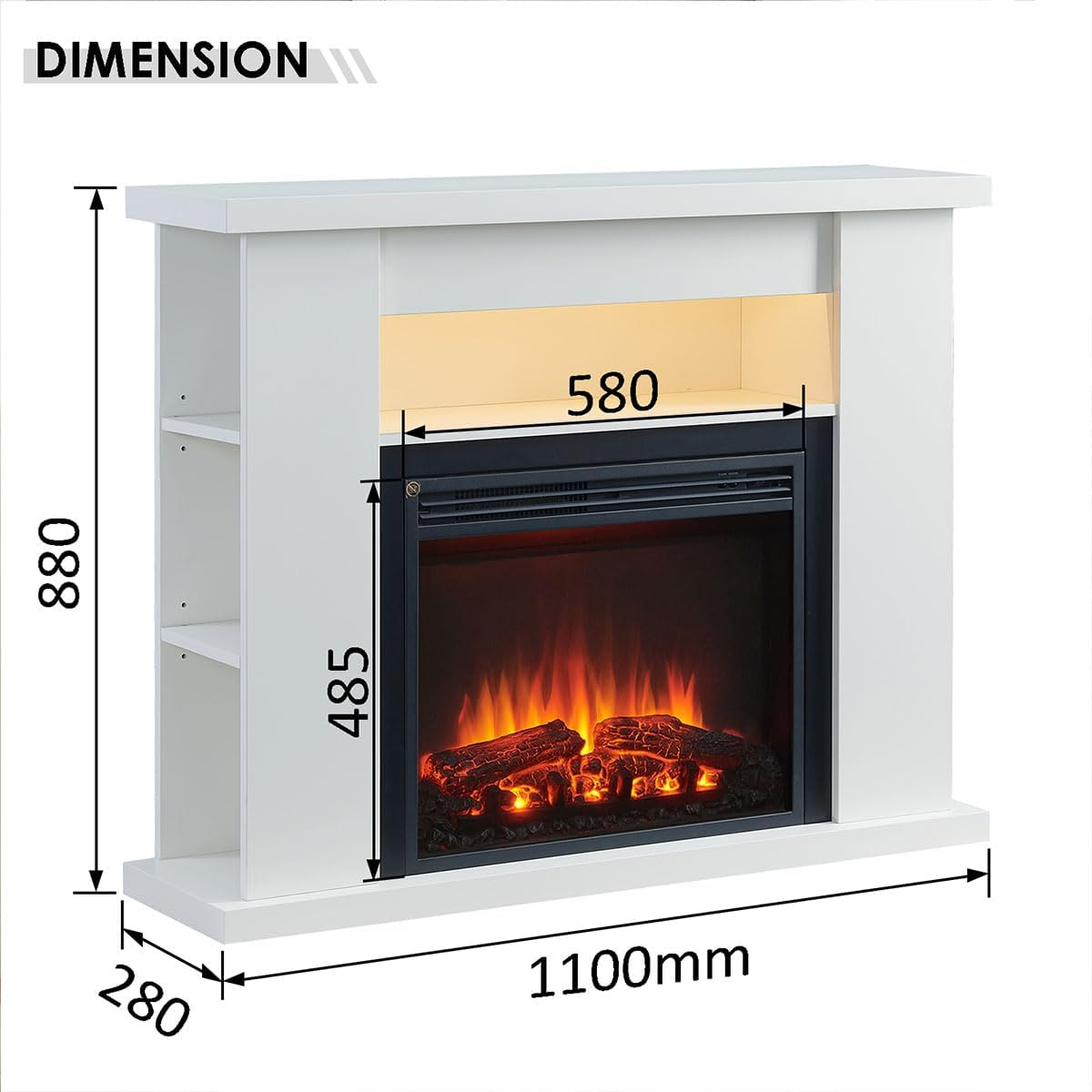 Modaliving Quartz 2000W Electric Fireplace Heater Mantel Suite Adjustable Shelves Mood Lighting Remote Control White or Rustic Dark Oak Finish (White) - White image number 3