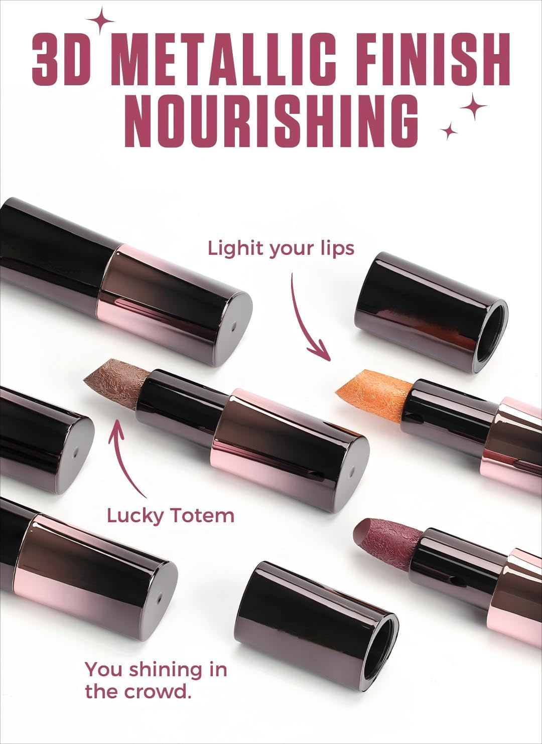 Metallic Pearl Lipstick - 5 Luxe Shades, 3D Shimmer Finish, Lightweight and Nourishing, High Impact Lipcolor,Magnetic Case, Long-Lasting Hydrating Lip Makeup (03 GILDED COCOA) - 01 Gold-Flecked Ruby image number 4