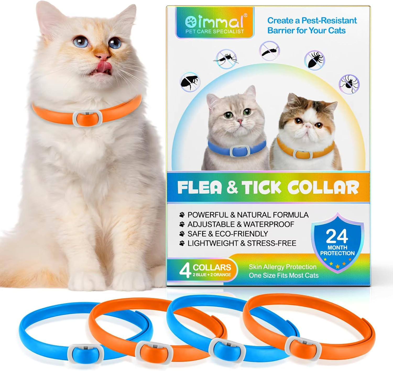 NP- Cat Flea and Tick Collar | 24-Month Flea & Tick Prevention | Adjustable, Water-Resistant & Safe | Natural Ingredients | for Cats of | 4-Pack (Yellow and Green, Normal)
