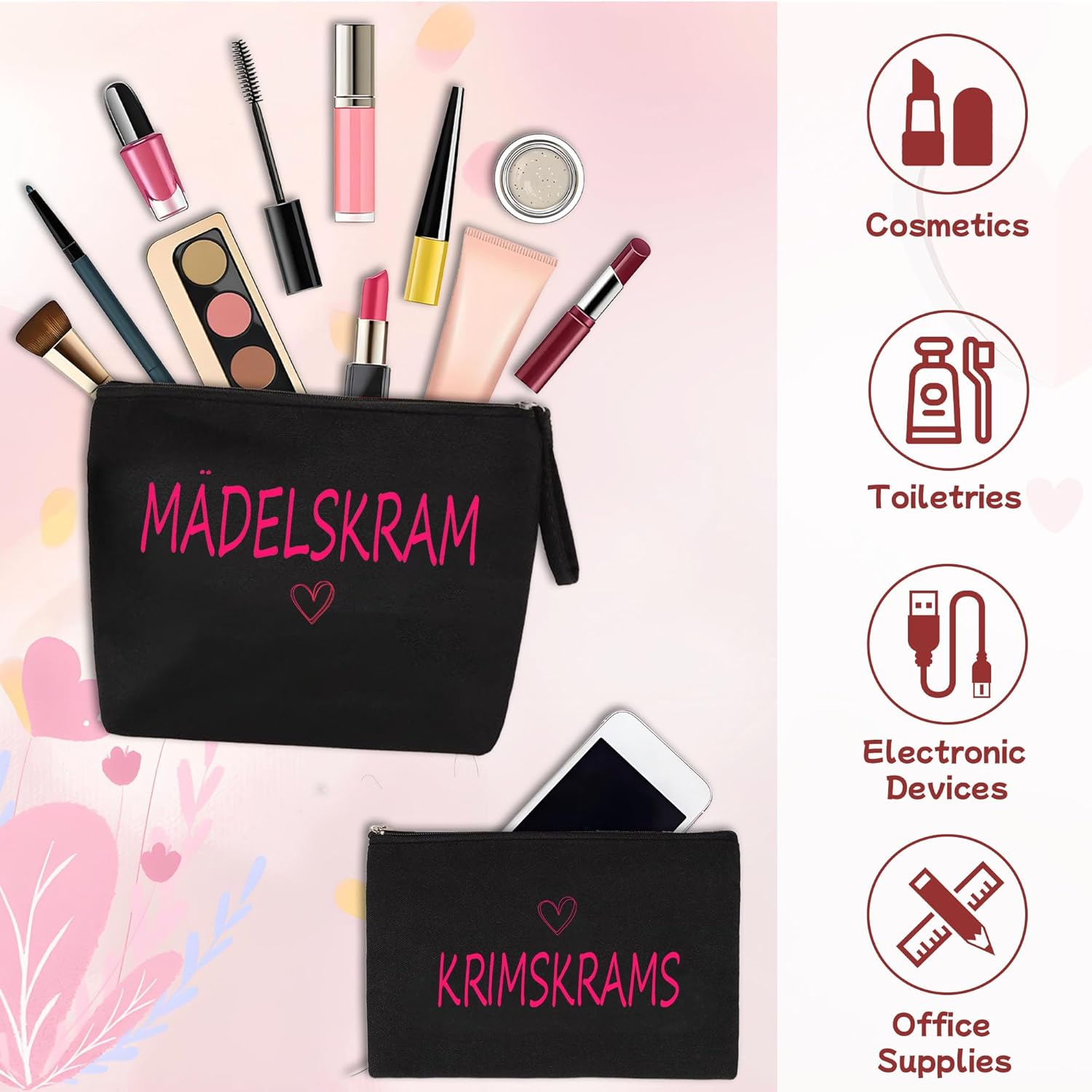 Pack of 2 Cosmetic Bag Girls Makeup Bag Girls Black Cosmetic Bag Small Toiletry Bag Make up Bag with Saying Gifts for Women Ladies Girlfriend Mum image number 4