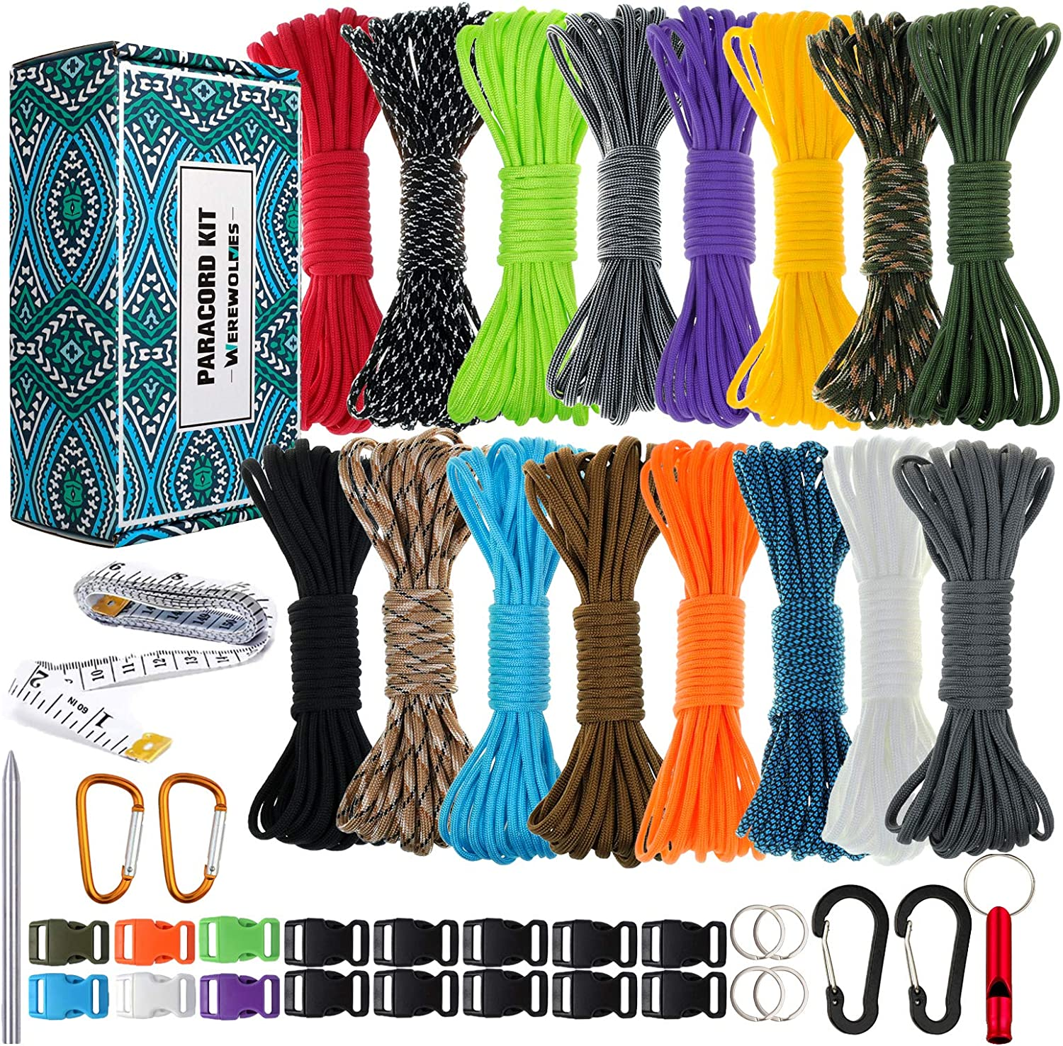 WEREWOLVES Paracord 550 Combo Crafting Kits - Survival Paracord Bracelet Rope Kits - Tent Rope Parachute Cord with Soft Tape Measure, Buckles, and Key Rings - Great Gift (STARRY SKY - 20Ft/Each Color)