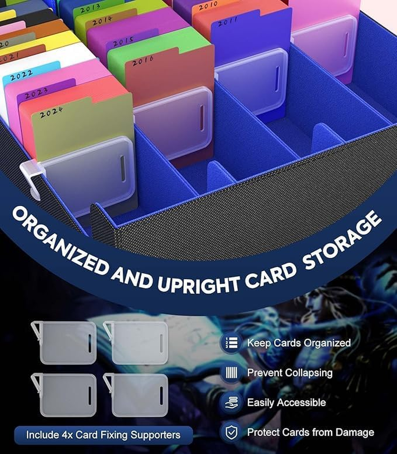 Trading Card Storage Box - 2400+ MTG Deck Box with 24 Colorful Dividers & 4 Card Supporters. Fits for Magic Game Cards, Yugioh, TCG, PTG and Sport Cards, Black Blue.