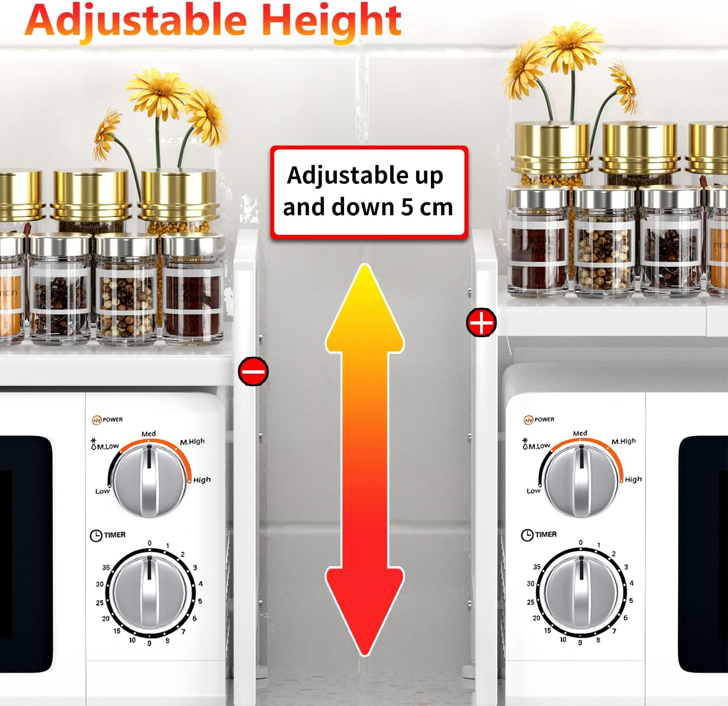 YIUKEA Extendable Microwave Oven Rack - Adjustable Kitchen Counter Shelf, 2 Tier Microwave Stand (L15.7~23.6" Xw12.8 Xh17.7) with 6 Hooks for Kitchen Countertop Organizer (White) - Black With Spice Rack image number 3