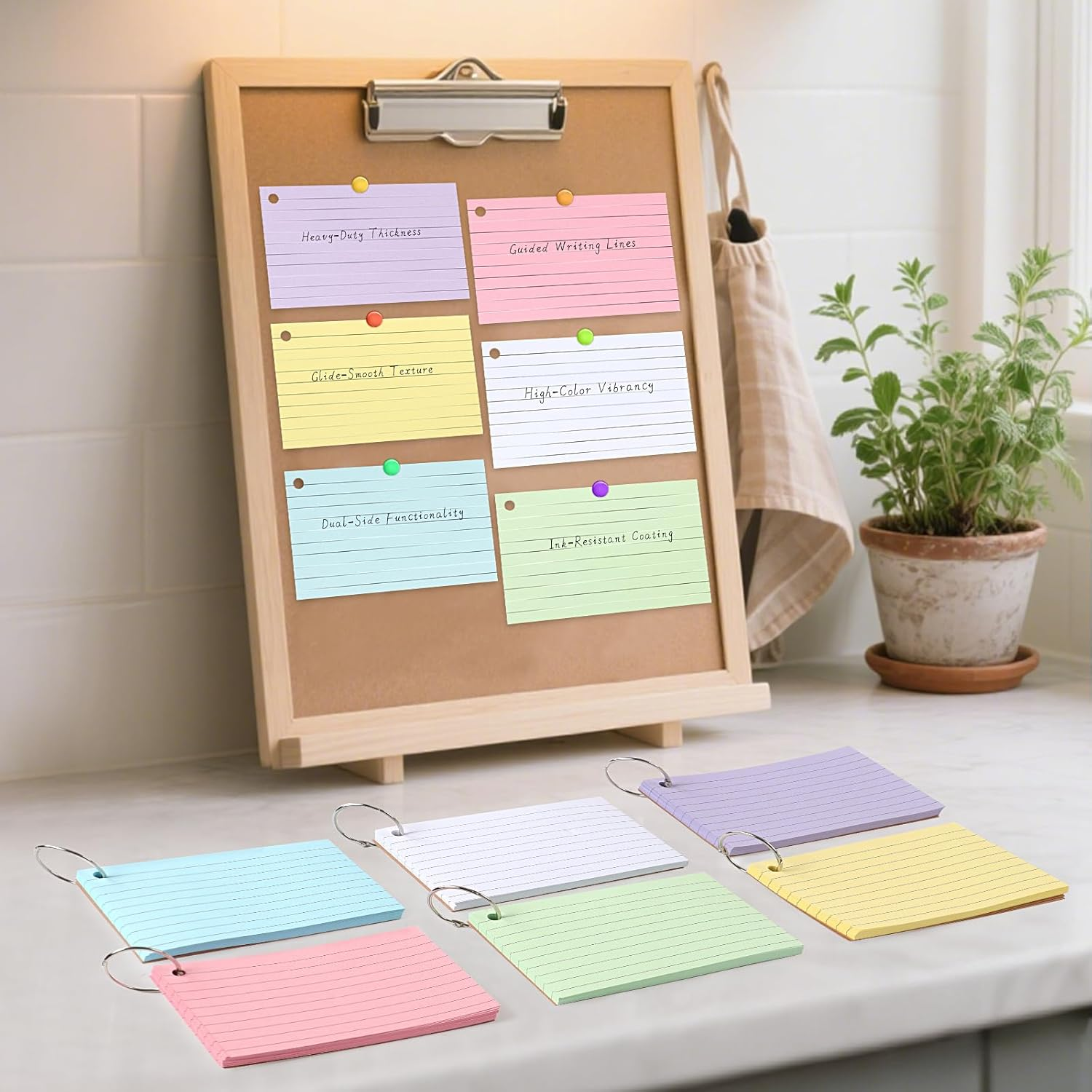 300 Sheet Flash Cards Revision, A7 Lined Index Cards with Kraft Paper, Flashcards with 6 Binder Rings, Cue Cards for Office, School, Home Study Records image number 2