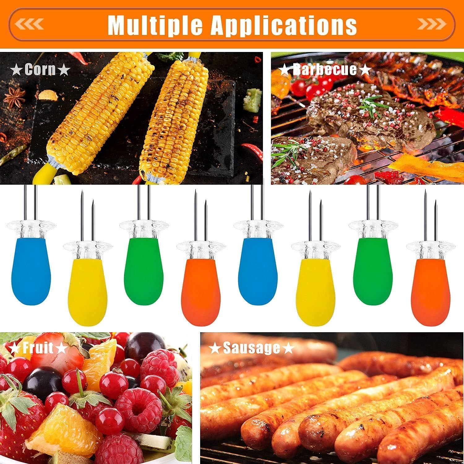 Quhoxdye 18Pcs/9Pairs Corn Holders, Stainless Steel Corn Cob Holders Corn on the Cob BBQ Fork Skewers with Butter Spreader for Home Cooking Parties Camping (Multicolor) image number 5