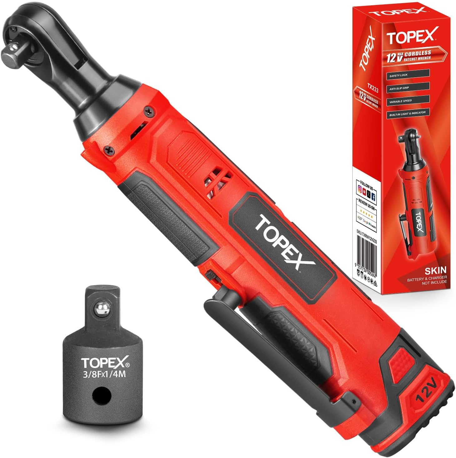 TOPEX 3/8" 12V Cordless Electric Ratchet Wrench 45NM 300RPM Variable Speed & LED Light, Electric Ratchet Driver Power Ratchet Tool Repair Tool W/Battery & Charger image number 5