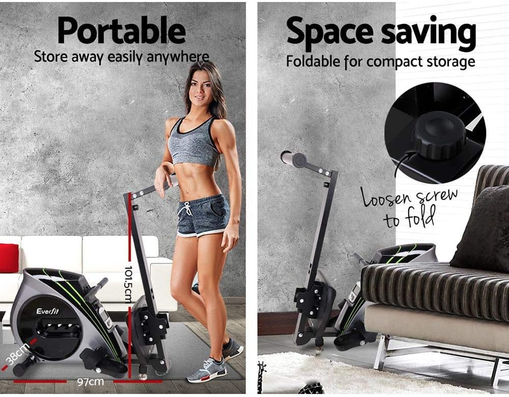 Everfit Elastic Rope Resistance Rowing Machine, Foldable Rower Home Gym Fitness Equipment Cardio Workout Exercise, Adjustable 4 Levels 150KG Weight Capacity Silver Black