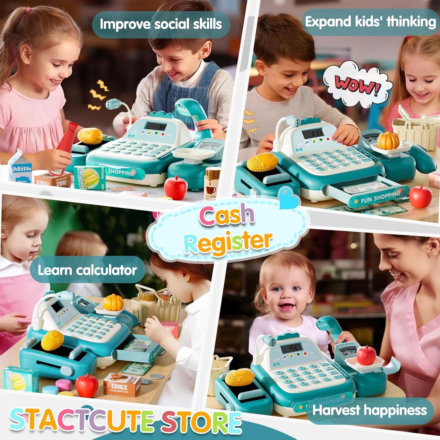 STACTCUTE 49PCS Pretend Play Cash Register Toy Set for Kids with Real Calculator,Scanner,Microphone,Conveyor Belt,Weighing Tool,Cashier Playset Realistic Gift for Toddler Kid Ages 3 4 5 6 7 8 (Green) image number 4