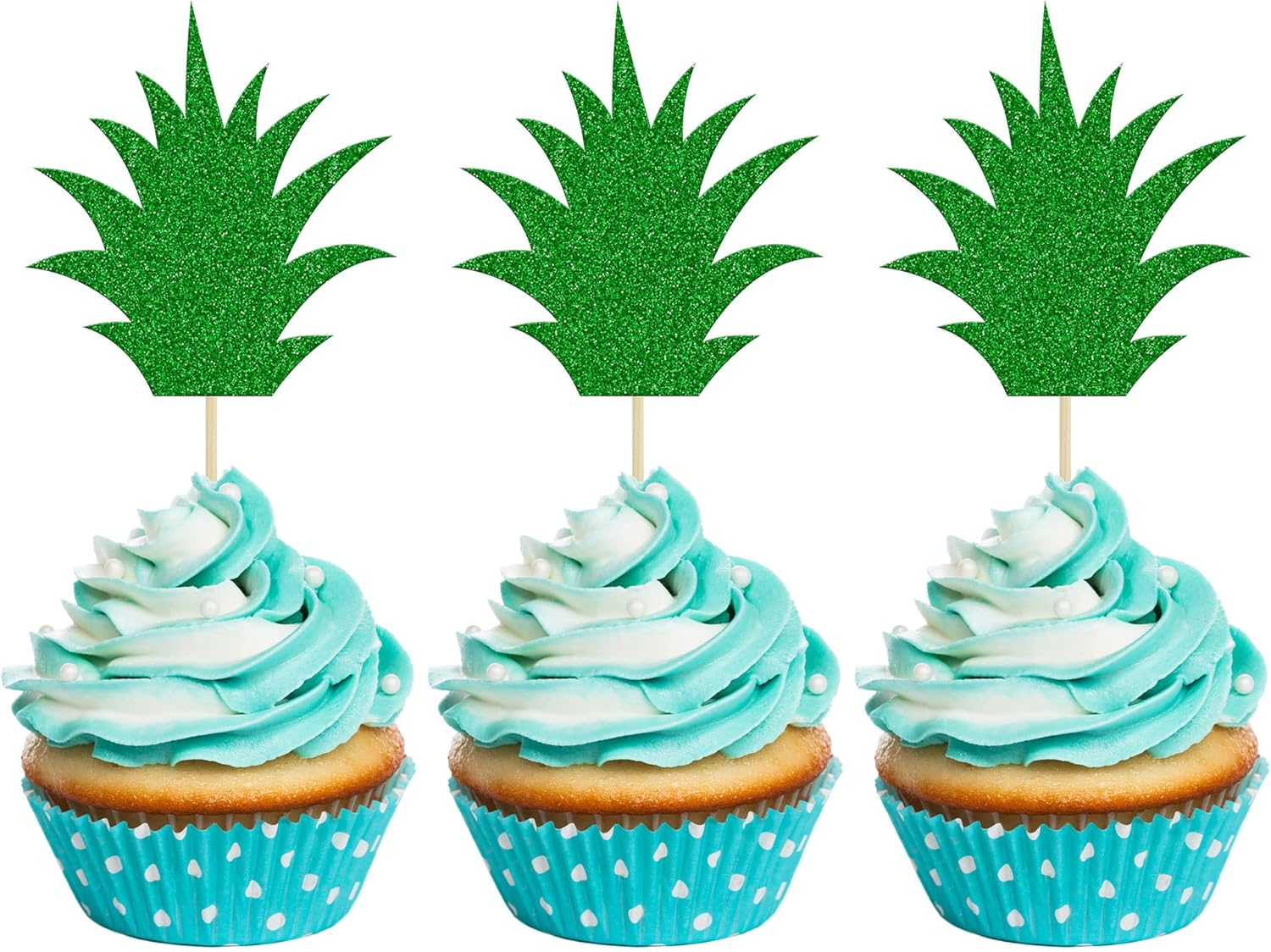 36Pcs Donut Toppers Green Pineapple Cupcake Toppers Green Glitter Pineapple Picks for Luau Bridal Shower Tropical Summer Party Cake Food Decoration Supplies
