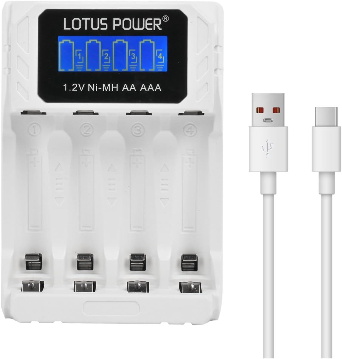 LOTUS POWER Universal 4 Slot Battery Charger & 1.2 V Ni-Mh AA Batteries Set, LCD AA Charger & Nimh AA Rechargeable Battery (1 Charger & 4 Batteries) image number 1