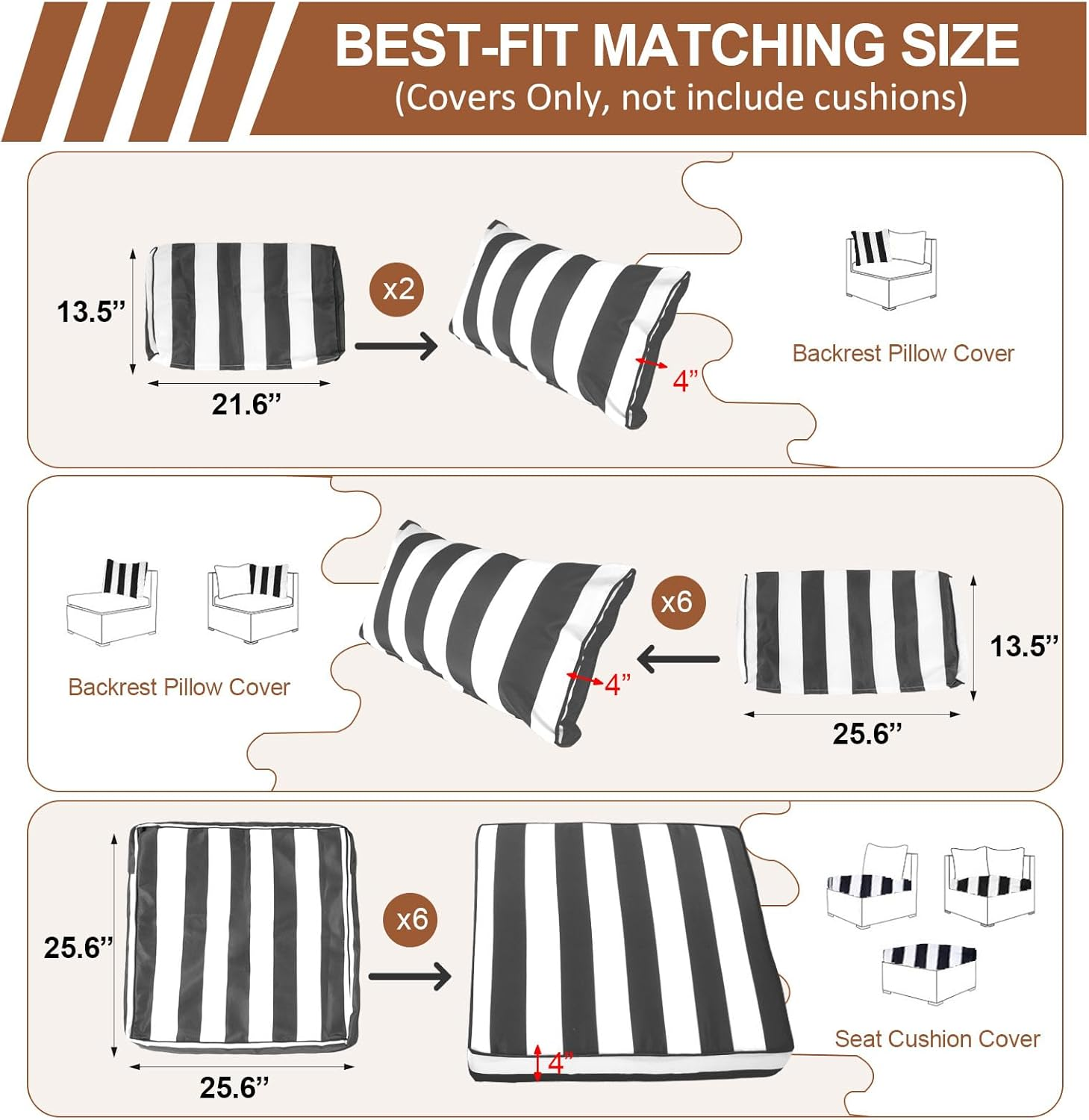 14 Piece Outdoor Patio Cushion Covers Replacement, Waterproof Outdoor Furniture Cushion Covers, Fit 7 Pcs 6 Seater Wicker Rattan Patio Conversation Sofa Set, Black & White Stripes(Only Cover) image number 3