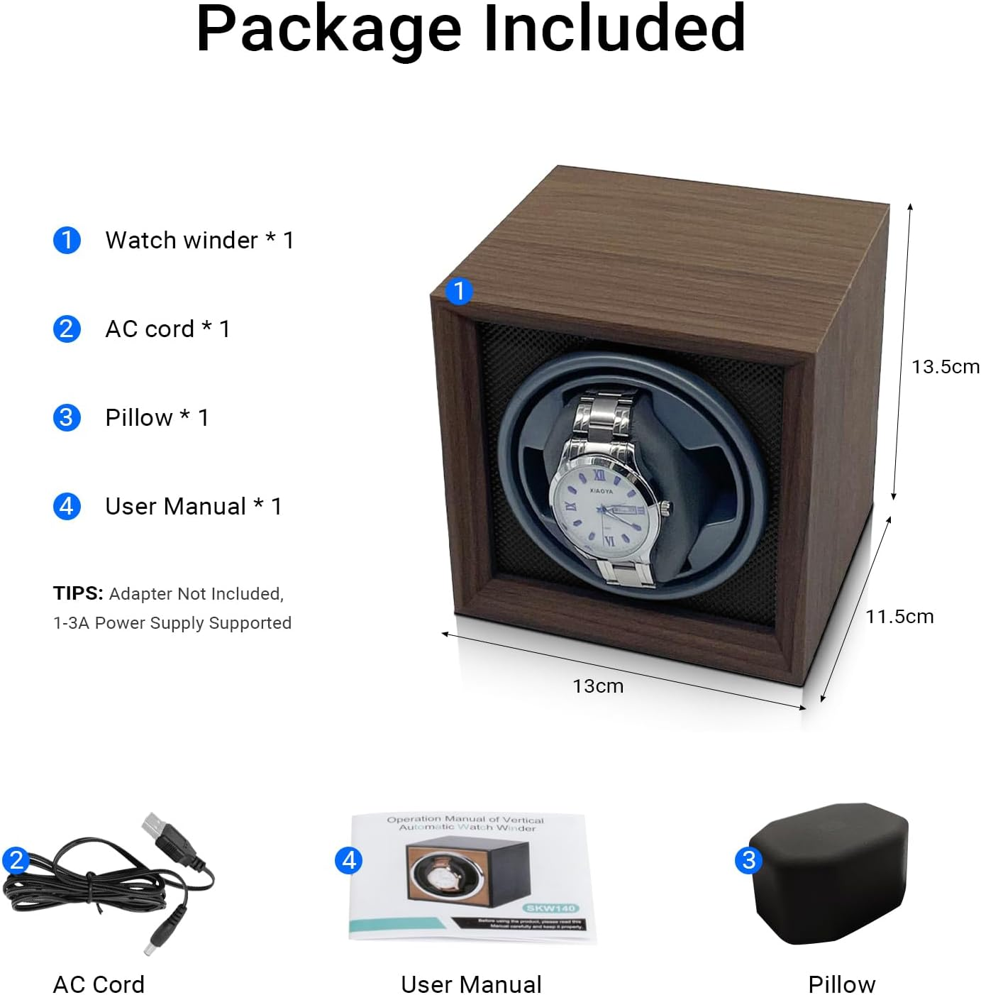 LIAN Automatic Single Watch Winder with Japanese Mabuchi Quiet Motor Wooden PU Leather Soft Flexible Memory Foam Watch Pillows for Men'S and Women'S Watches Blackgrey