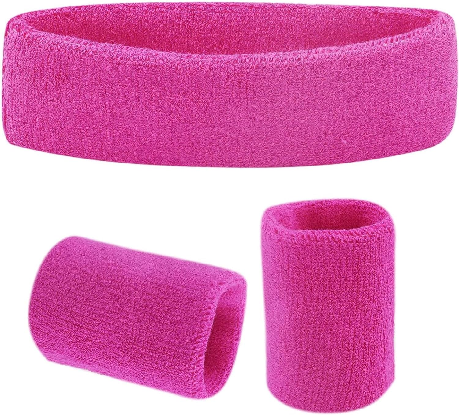 3 Pcs Pink Sweatbands Set - Sports Headband and Wristbands for Women, Soft and Absorbent, Ideal for Running, Tennis, Gym, and Fitness Activities