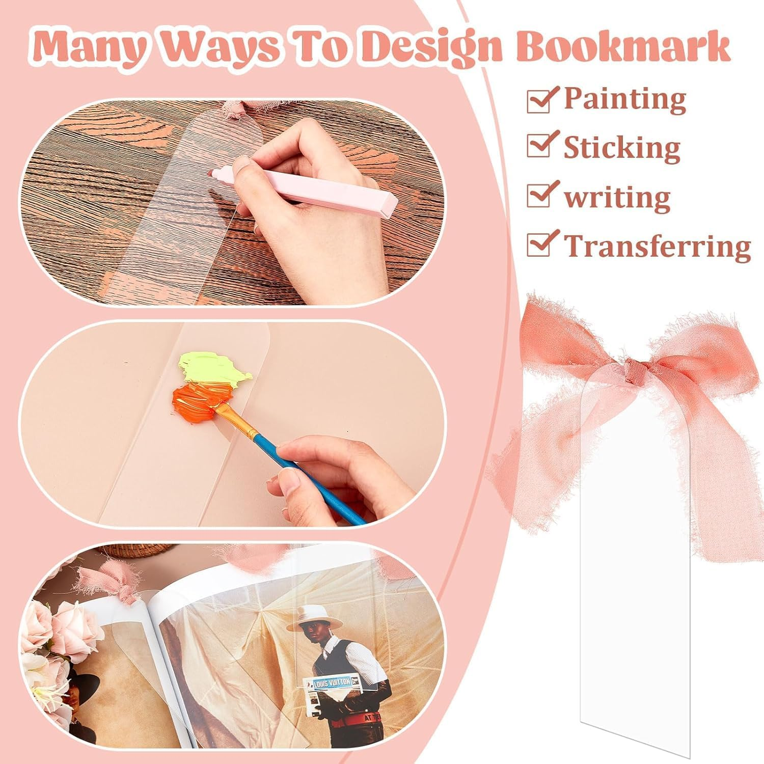 100Pcs Acrylic Bookmark Blanks Kits, Clear Acrylic Bookmarks Tags with 2 Rolls Ribbon, DIY Craft Transparent Bookmark for Reading Lovers School Presents Reading Accessories Gift (5.9 X 2 Inch, Pink) image number 3