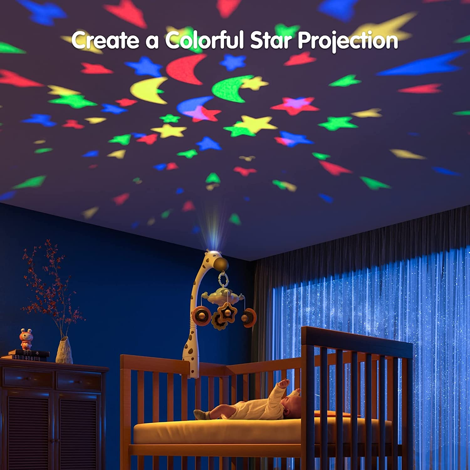 TUMAMA Baby Cot Mobile,3 in 1 Crib Toys with Remote Control,Projection Night Light, Music and White Noise, Mute Spin Motor Nursery Sensory Toys for Infant 0 3 6 9 Month Newborn Xmas Gift image number 6