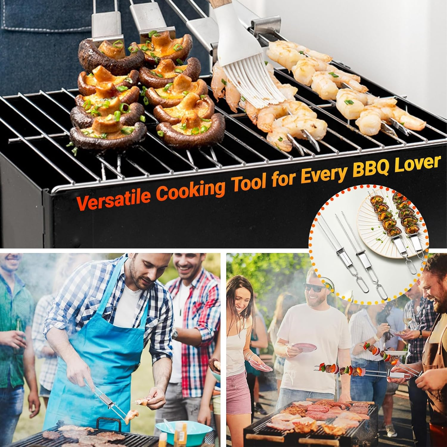 JOWILIN Kabob Skewer for Grilling, 6 Pcs 33CM/13'' Double Pronged Flat BBQ Skewers with Push Bar, Reusable Shish Kebab Skewers, Stainless Steel Kebab Tools for Camping, Barbecue for Meat, Vegetable image number 1