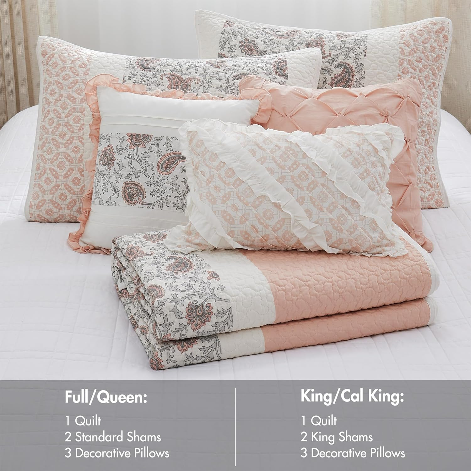 Madison Park Dawn 100% Cotton Quilt Set Floral Print, Double Sided Stitching, All Season, Lightweight Coverlet Bedding Layer, Matching Shams, King/Cal King, Blush 6 Piece