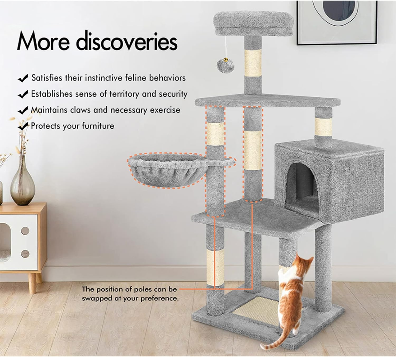 BEASTIE Cat Tree 130Cm Multi-Level Play Tower with Scratching Post, Condo House, Scratch Board & Plush Perch Den, Sisal Covered Scratcher Tower Furniture for Kitten Climbing & Playing, Light Grey