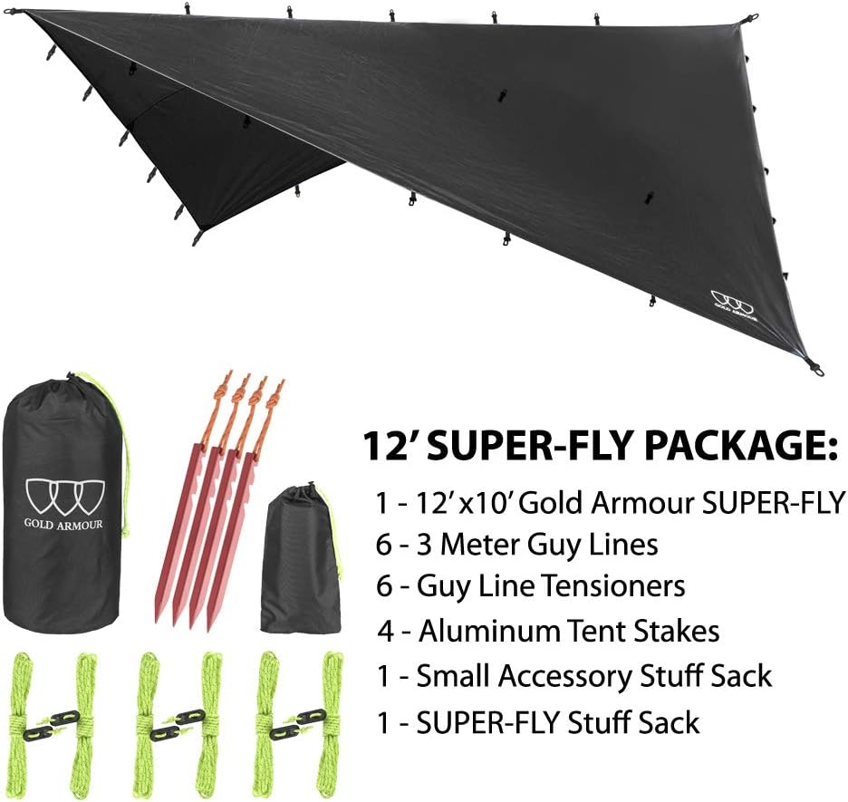 Gold Armour 12Ft Extra Large Tarp Hammock Waterproof Rain Fly Tarp 185In Centerline - Lightweight Ripstop Fabric - Stakes Included - Survival Gear Backpacking Camping Accessories (Black) image number 1