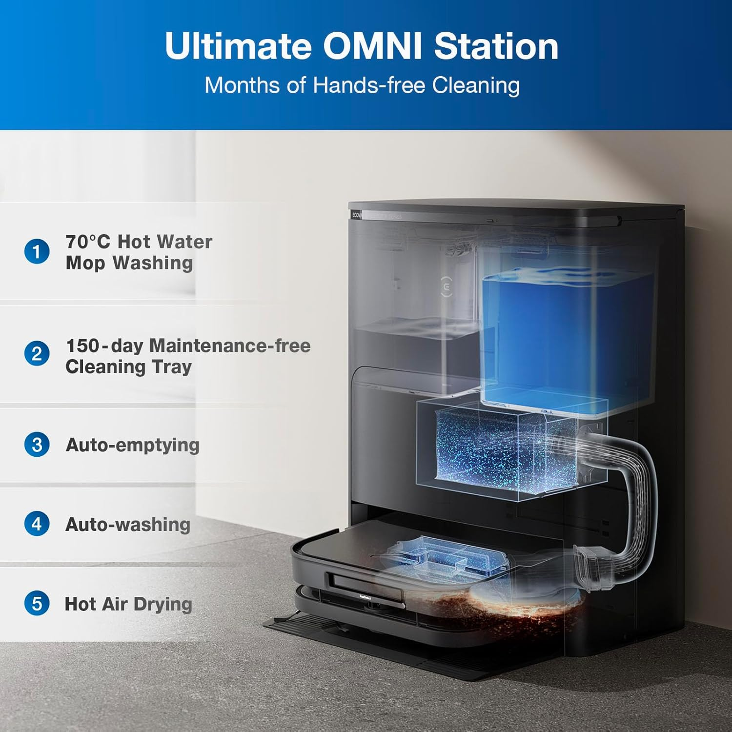 ECOVACS DEEBOT X5 Omni Vacuum Robot with Mopping Function, 12,800Pa Suction Power, Zerotangle Technology, Truedge&trade; Edge Mopping, 70&deg;C Hot Water Mop Washing, Auto Lift of the Mop, Self-Emptying image number 2