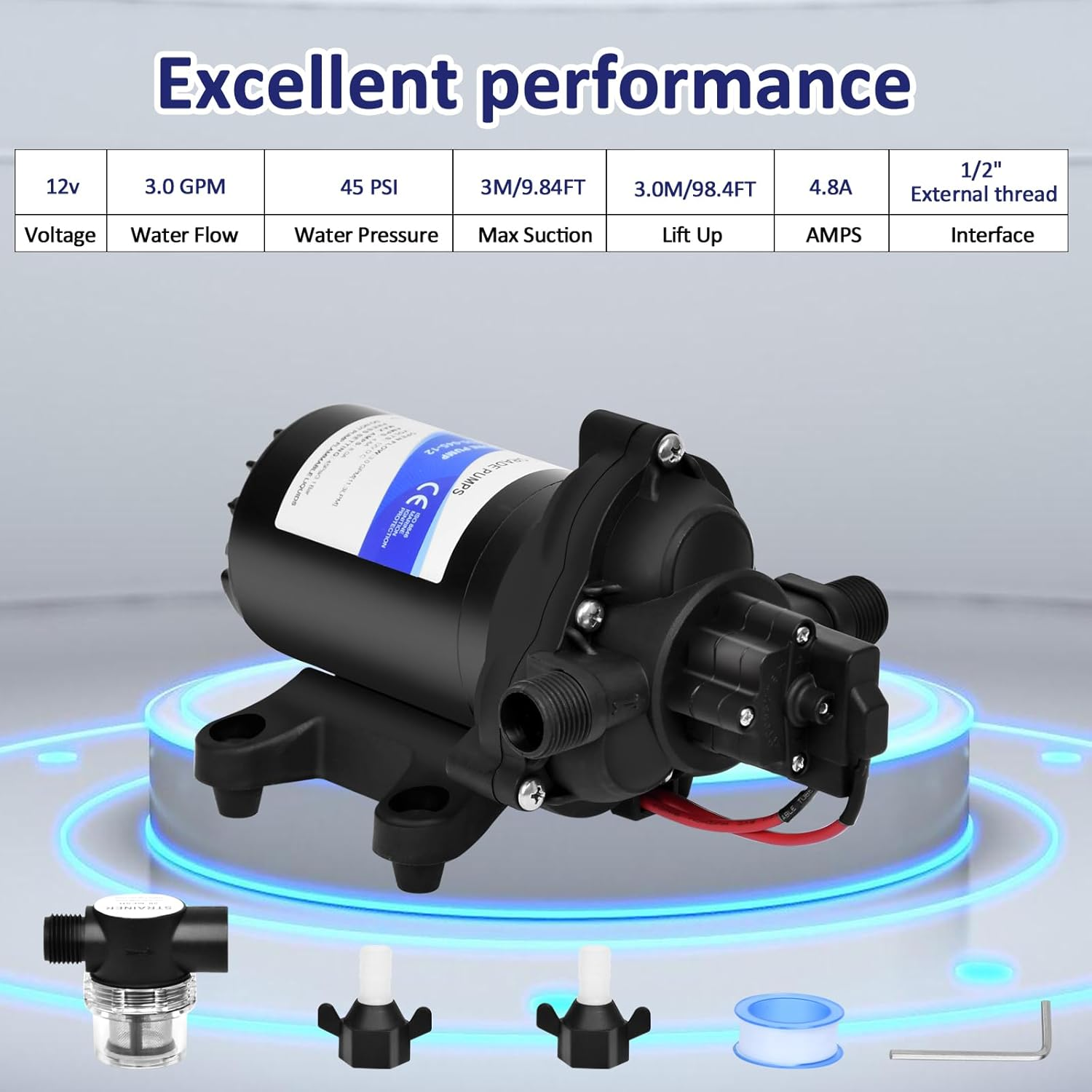 RV Fresh Water Pump,3.0Gpm 45 PSI Self-Priming Water Pressure Pump,12V Diaphragm Pump with Adjustable Pressure Switch for Yacht,Camper,Marine,Sprinklers,Faucets image number 5