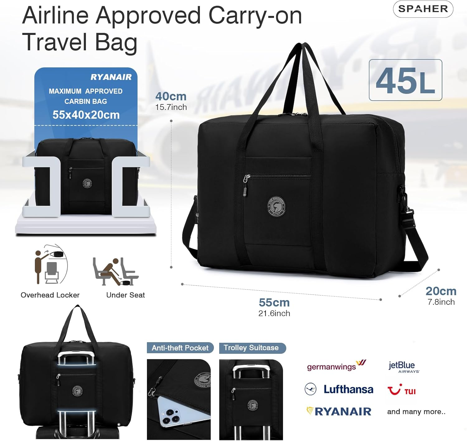 SPAHER 45L Travel Duffle Bag Cabin Bag Lufthansa 55X40X20 Carry on Hand Luggage Lightweight Foldable Cabin Luggage Overnight Weekender Holdall Tole Bag Waterproof Travel Handbag Black image number 3