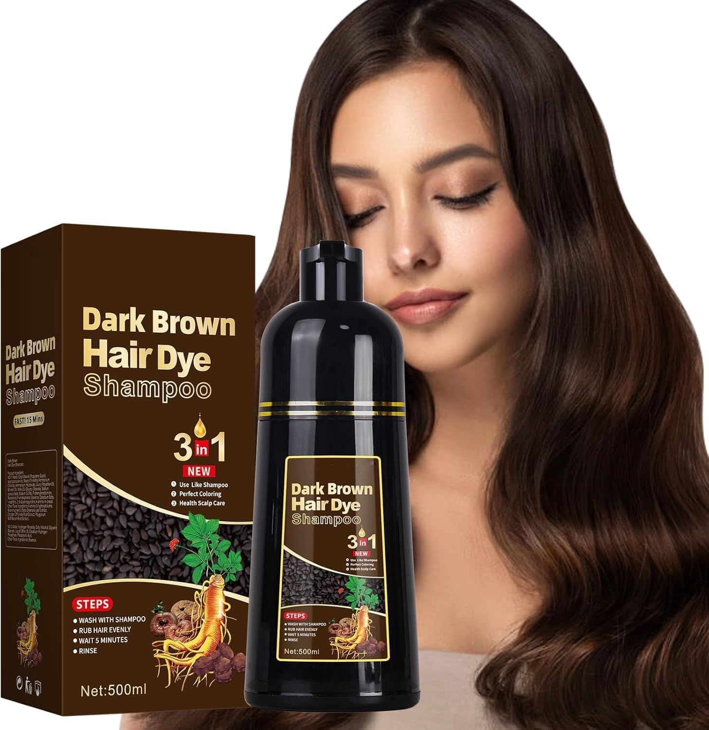 Hair Dye Shampoo, 500ML Black Hair Dye 3 in 1, Instant Hair Colour Shampoo Black Hair Shampoo-Long Lasting - Hair Dye Hair Color Shampoo Coloring in Minutes for Women Men (Dark Brown, 500ML) image number 6