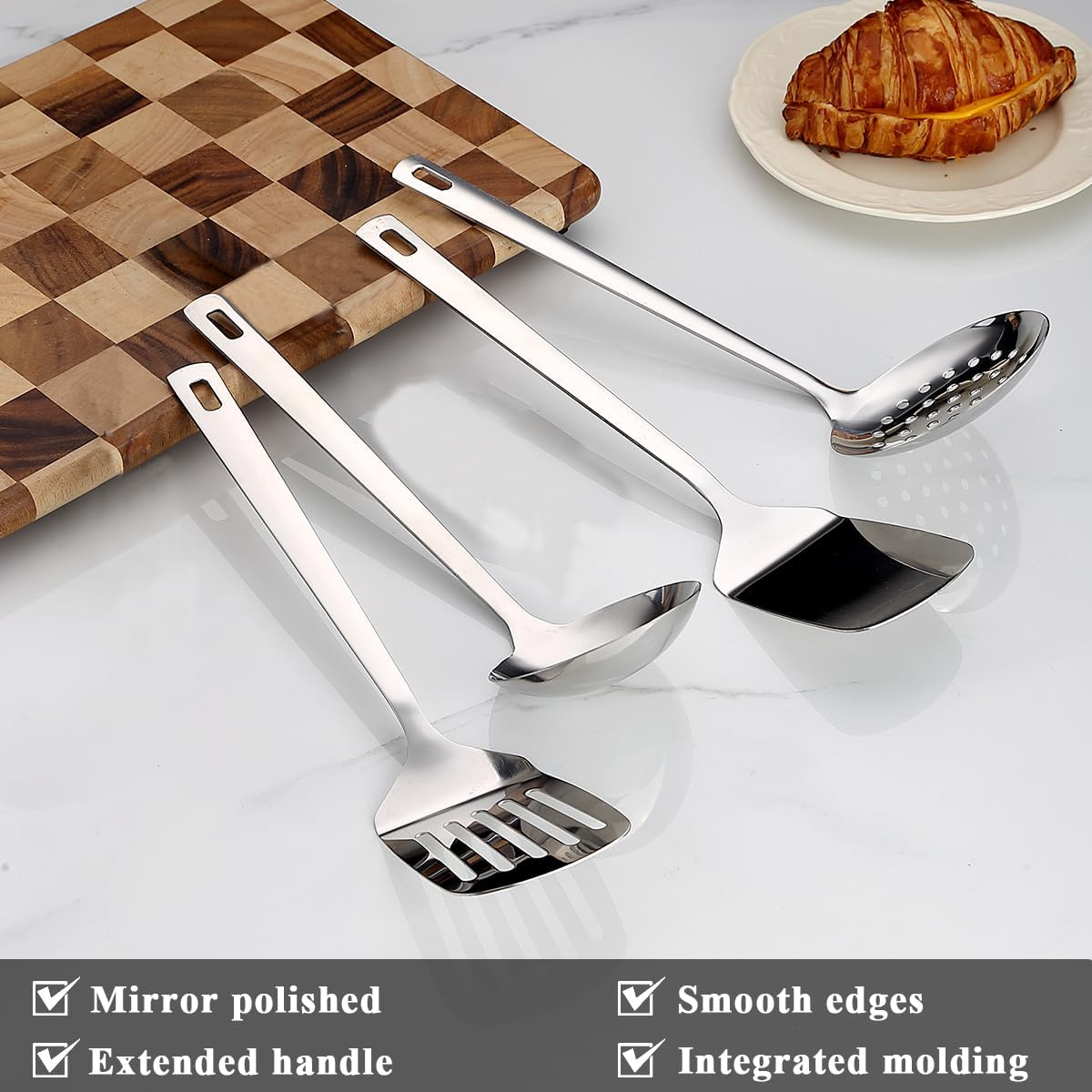 Reanea Stainless Steel Kitchen Utensils Set 4 Pieces, Cooking Utensil Set Include Metal Spatula Set, Kitchen Skimmer, Soup Ladle, Kitchen Gadgets Kitchen Essentials New Home Must Have image number 2