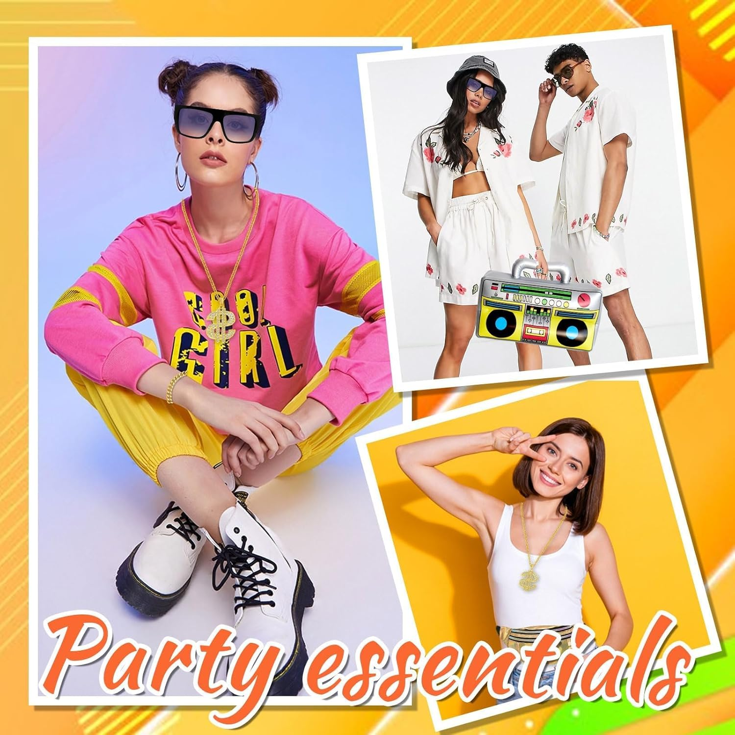 7Pcs Hip Hop Accessories Set for Men and Women, Gold Rapper Costume Kit with Cap Sunglasses Necklace Ring Bracelet Waist Bag Inflatable Boombox, for 80S 90S Old School Fancy Dress Party Props image number 3