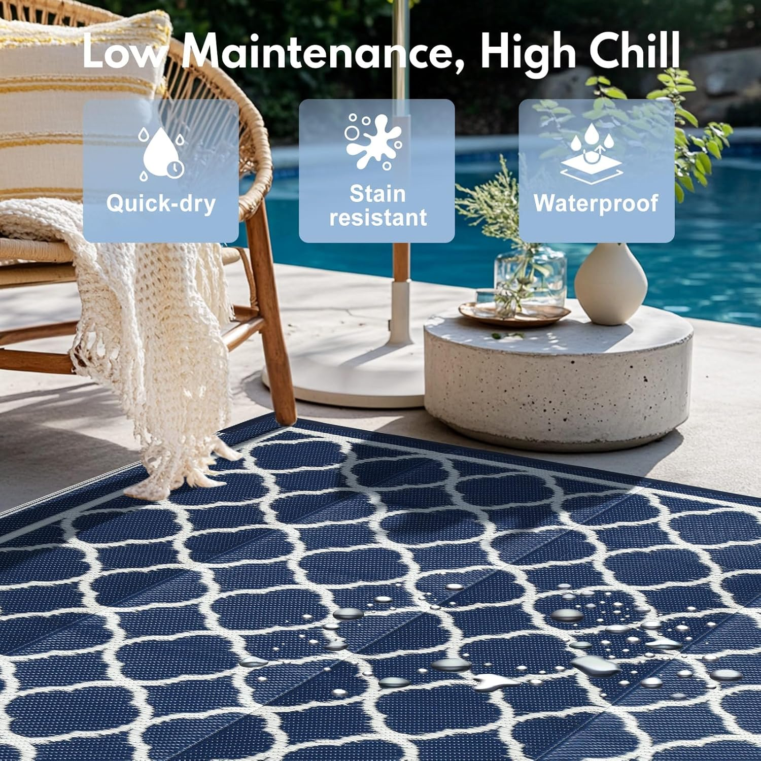 Waterproof Outdoor Rug 5X8 Ft, Reversible Plastic Straw Rug, Easy to Clean Patio Rug, Portable Carpet for Patio, RV, Deck, Balcony, Backyard, Picnic, Beach, Clover, Navy Blue image number 3